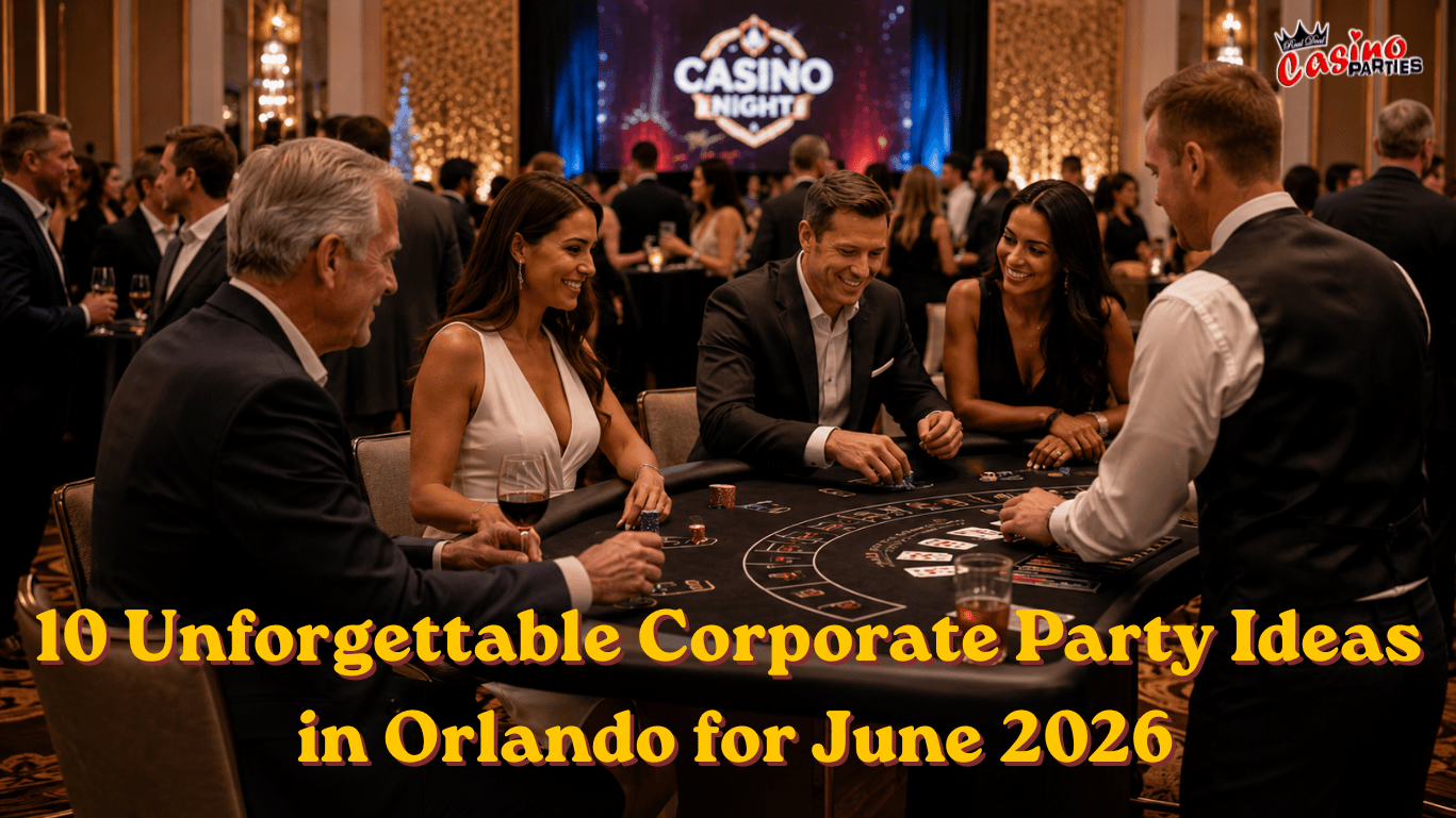 Corporate Party Ideas in Orlando featuring a luxury casino night event with professional dealers and guests at a hotel ballroom in June 2026