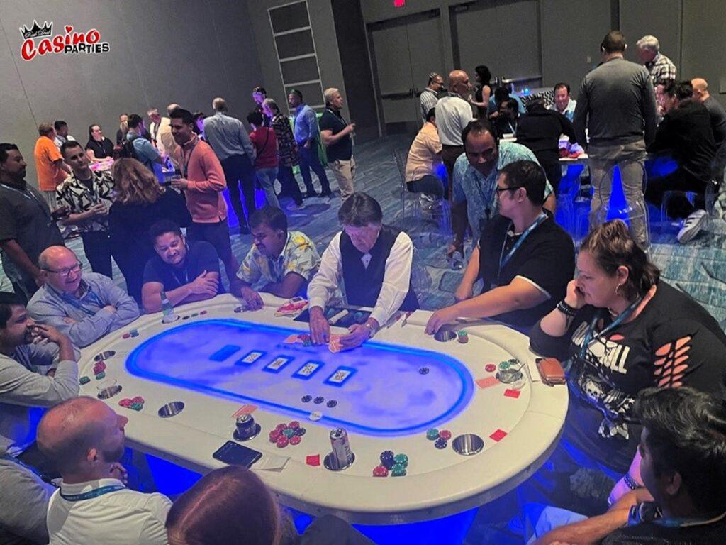 Professional casino party rentals in Orlando, Florida, featuring a high-end LED poker table and experienced dealer from Real Deal Casino Parties