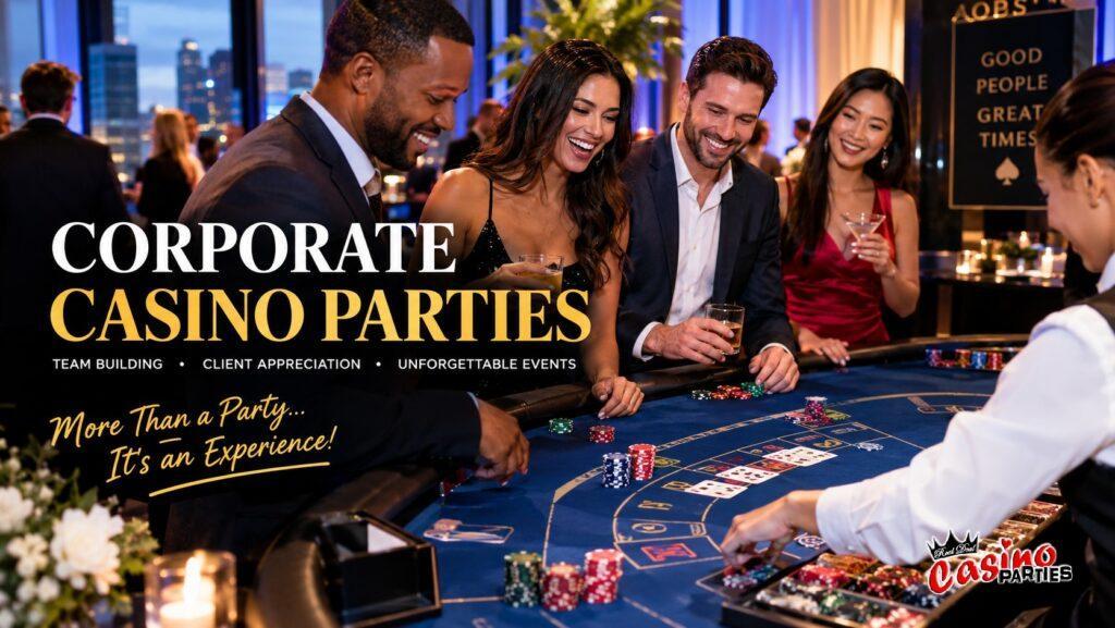 Group of colleagues enjoying a themed casino party during unique tampa team-building activities